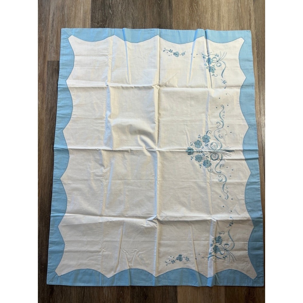 Vintage Floral Embroidered Tablecloth 42x34" White Blue Scalloped Cottagecore